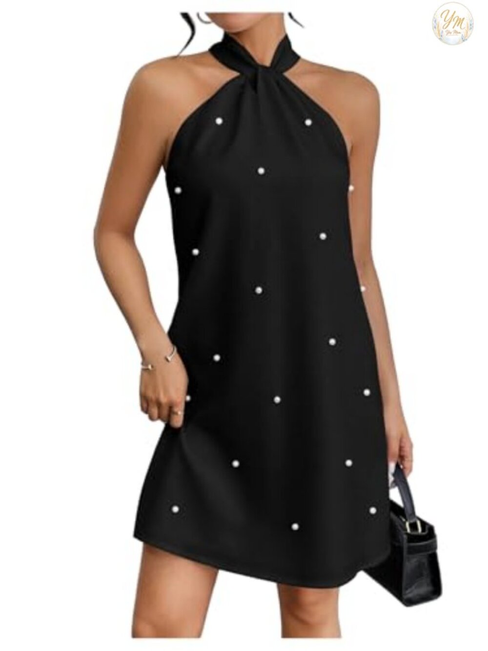Pearl Beaded Halter Sleeveless Tie Back Dress